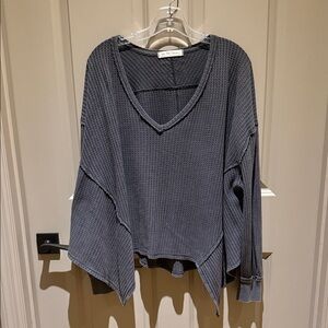 Free People Charcoal Waffle Knit V-Neck Sweatshirt